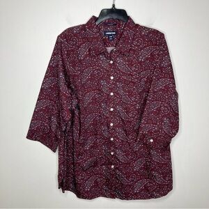 Lands End floral paisley print 3/4 sleeve button down top maroon womens size 18W